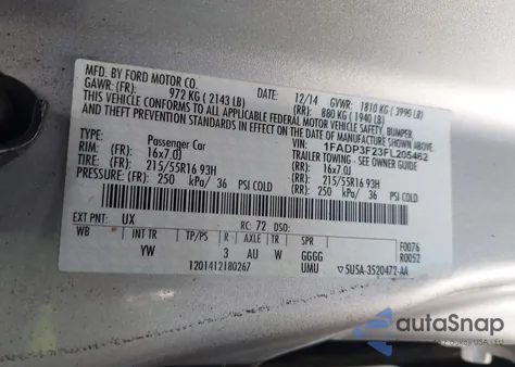 2015 Ford Focus Se from USA, damaged, VIN 1FADP3F23FL205462